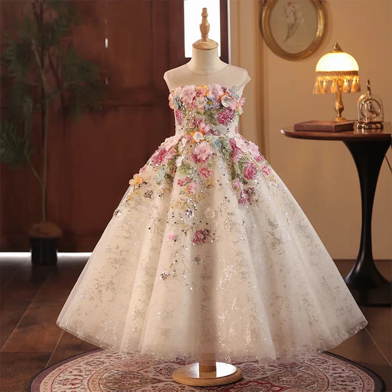 Floral Flower Girl Dress Lace Flowers Sleeveless Princess Toddler Kids Wedding 1st Birthday Pageant Party Gown