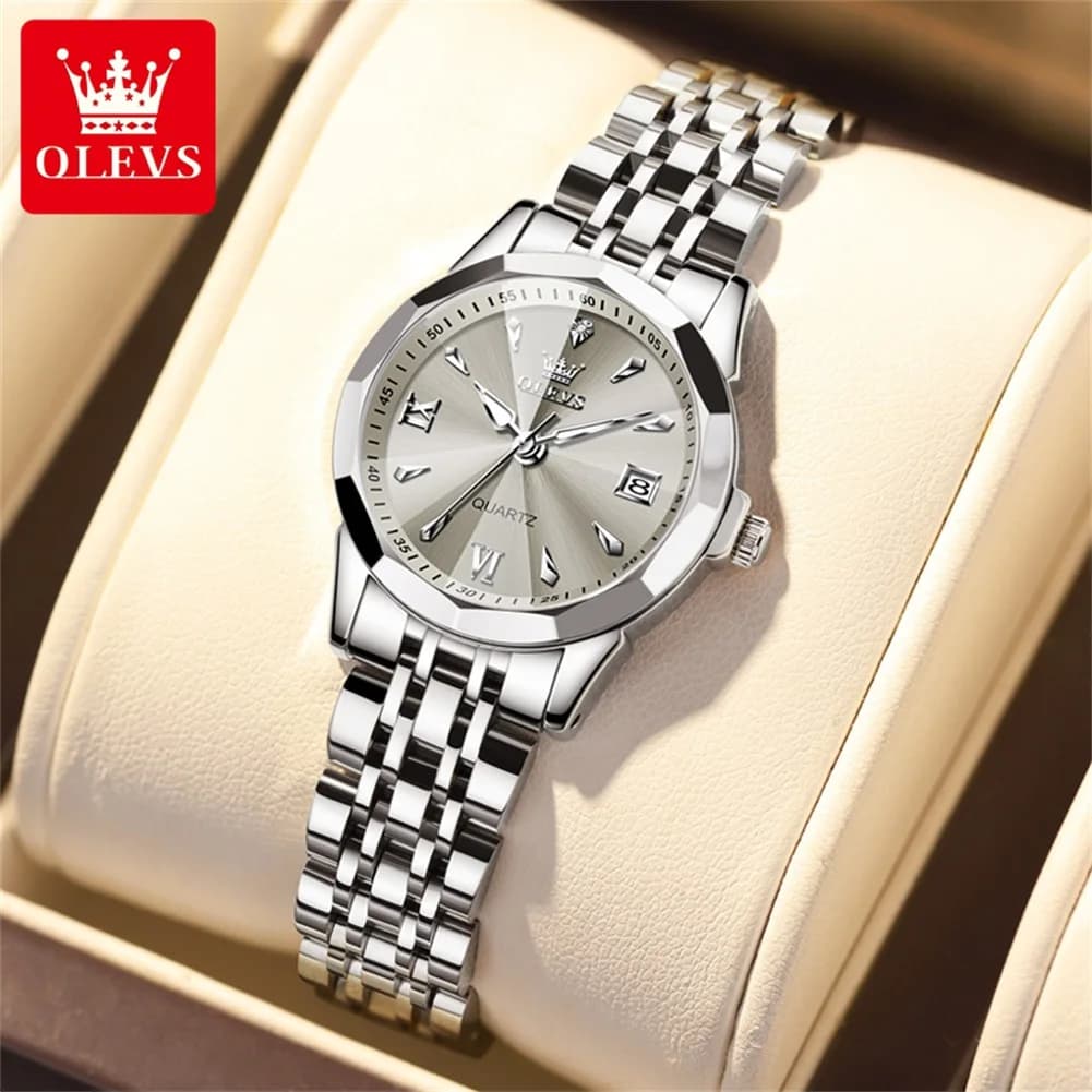 OLEVS 9998 New Quartz Watch for Women Solid Steel Strap Diamond Shape Mirror Luxury Elegant Ladies Dress Wristwatch Bracelet Set