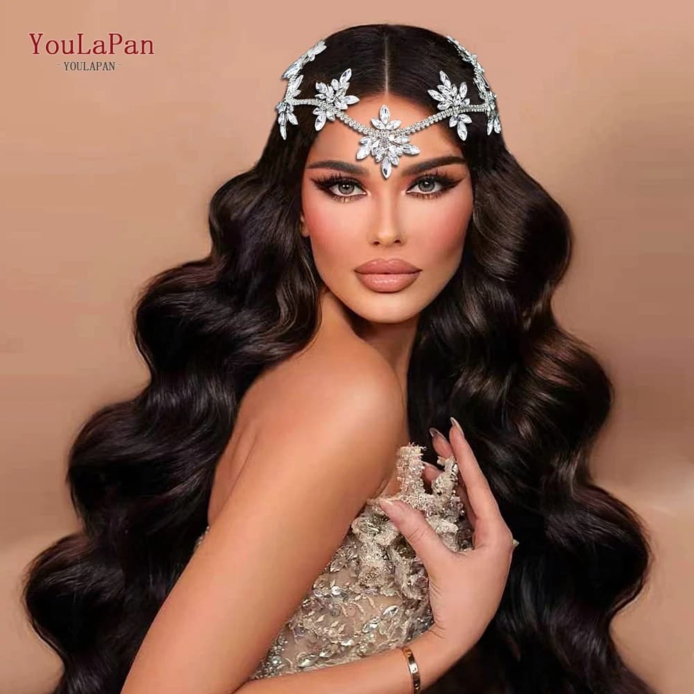YouLaPan Crystal Flowers Hairpiece Bridal Wedding Hair Accessories Handmade Rhinestone Forehead Tiara Crown for Bride HP618