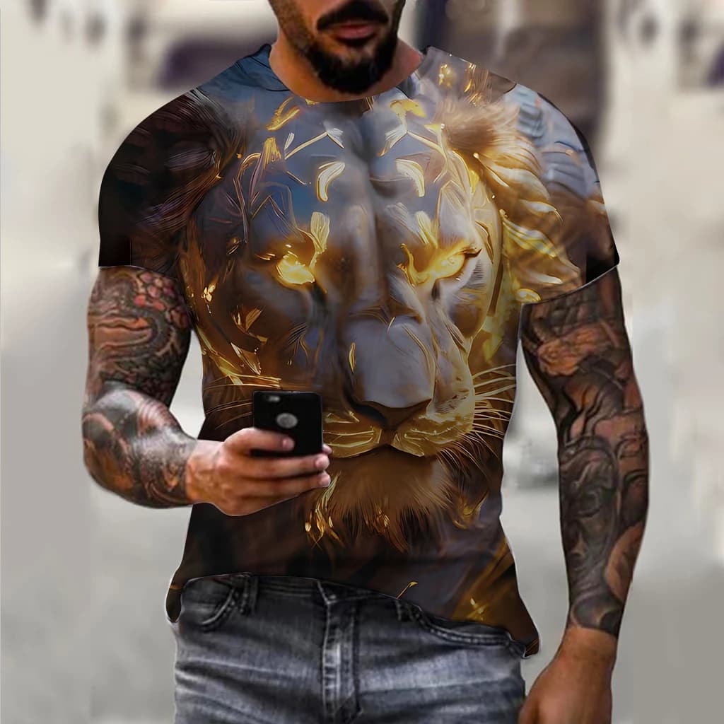 Men's T-shirt Fashion Dark Gold Totem Lion pattern 3d Printed T Shirt 2024 New Animal Short-sleeved Streetwear Summer Men's Tops