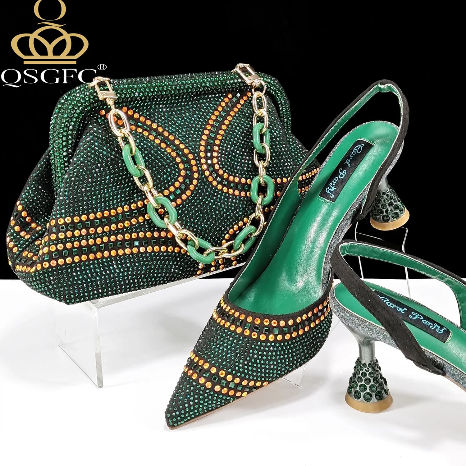 QSGFC 2024 New Designer Specials Italian Women Heels Shoes and Bag Set  Royal Green Color Comfortable With Rhinestone for Party