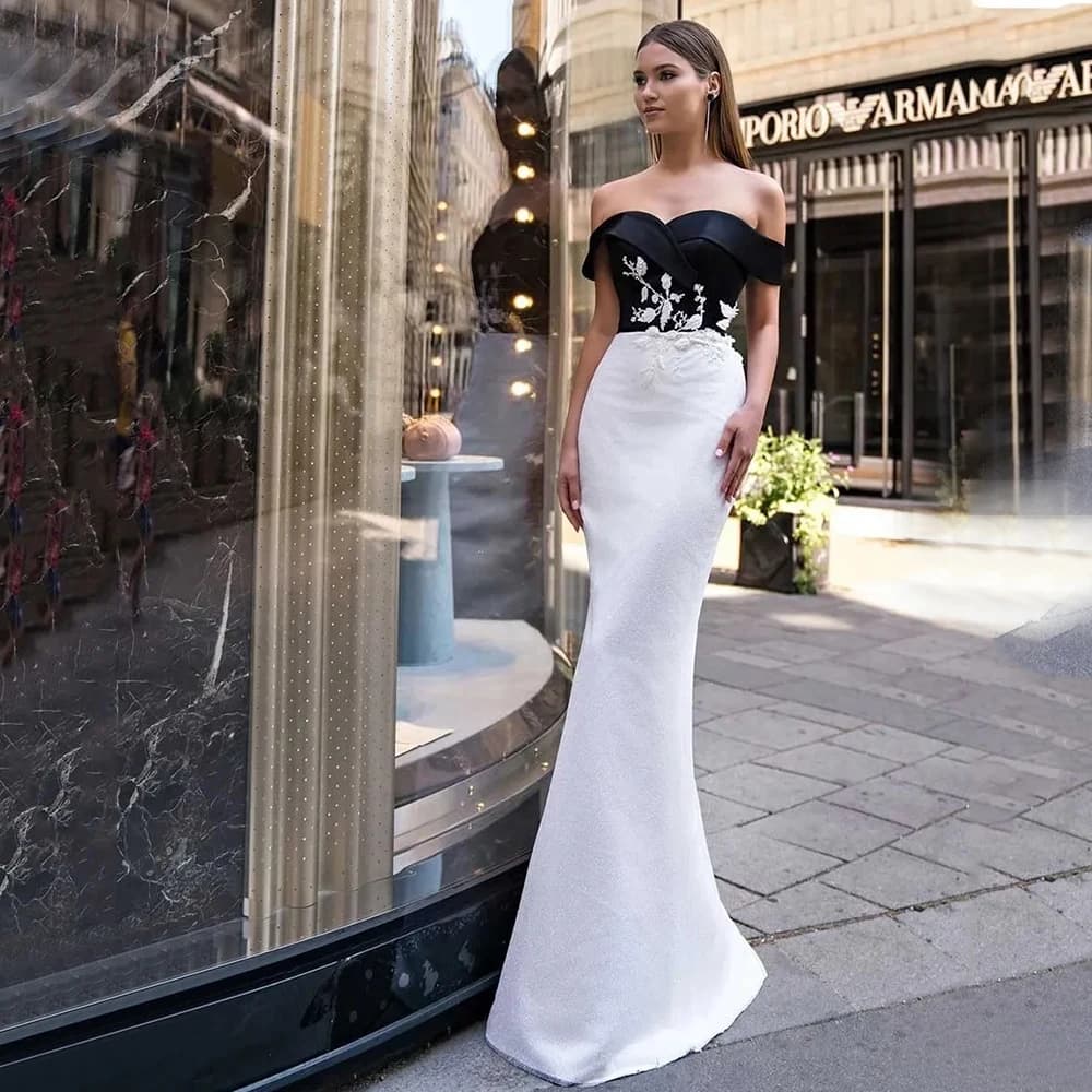 Black and White Mermaid Evening Dress Off the Shoulder Delicate Applique Floor Length Party Banquet Guest Custom Ladies Gowns