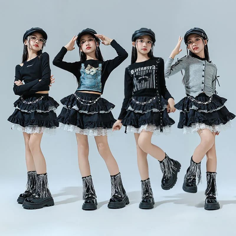 Kid Cute Hip Hop Clothing Denim Cat Crop Top Long Sleeve T Shirt Black Layered Lace Skirt for Girls Jazz Dance Costumes Clothes