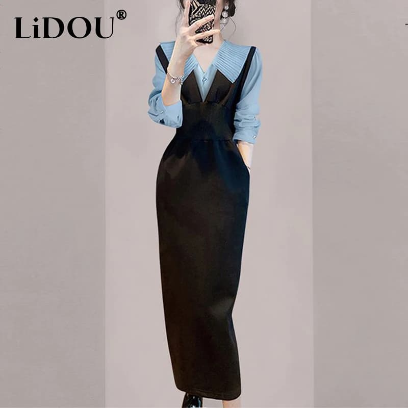 Spring Summer Elegant Fashion Polo-neck Long Sleeve Shirt Temperament Tank Dress Set Women Blouse Sleeveless Robe Suit