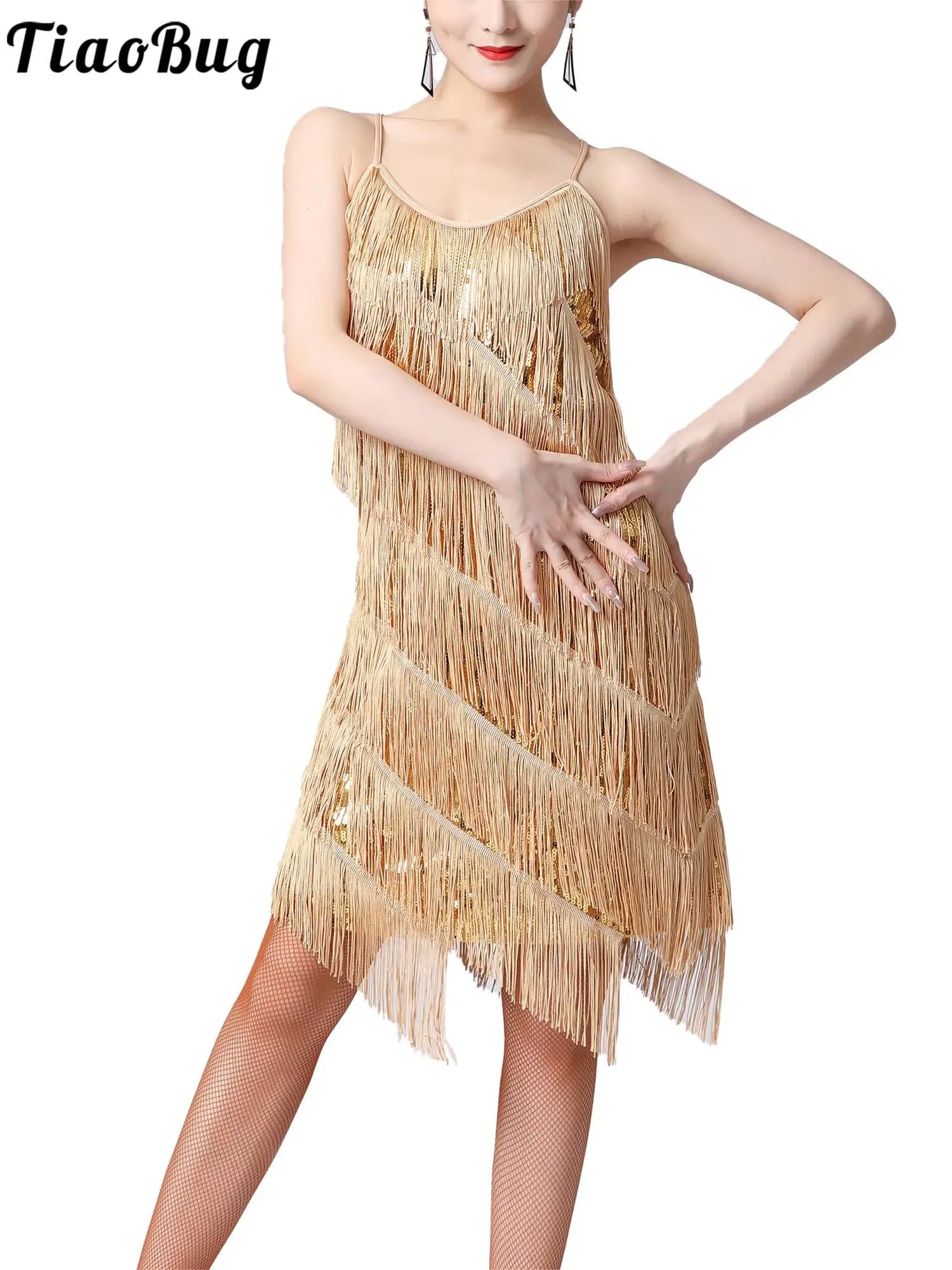 Womens Sleeveless Tassel Tango Latin Jazz Dress Sexy Sequins Latin Fringe Dresses Rumba Cha Cha Samba Salsa Performance Costume