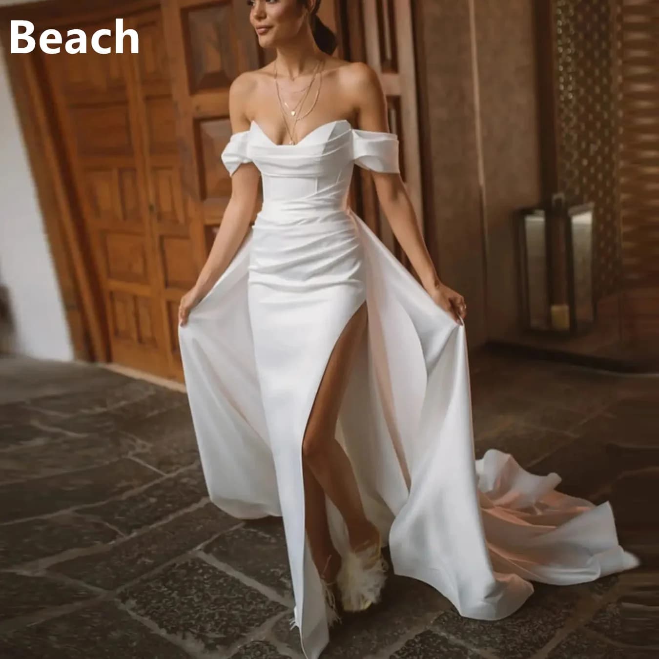 Elegant Off The Shoulder V-neck Pleat Soft Satin Mermaid Wedding Dresses With Detachable Train Side Slit Custom Made 2024