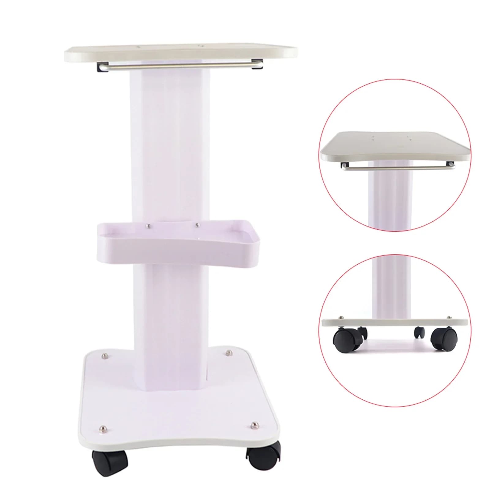 White Salon Trolley – Wooden Board & Metal Cart with 360° Rotating Casters, Large Handle, and Quiet Movement for Spa & Salon