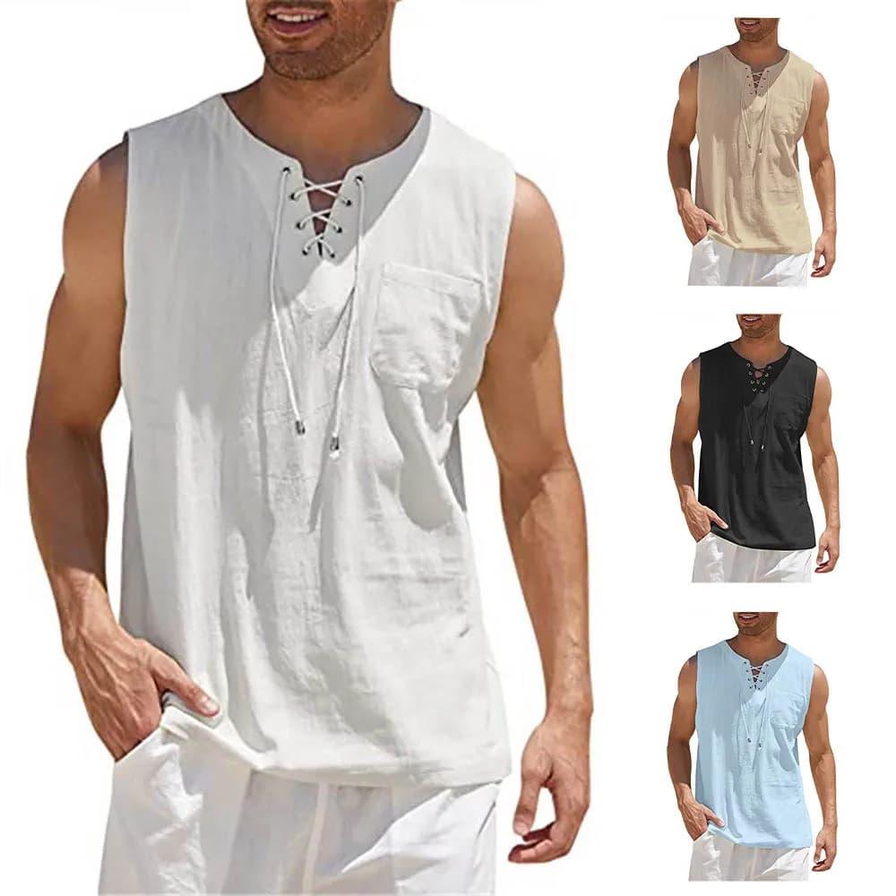 Men Summer Tank Top Sleeveless T-Shirt Lace-up Design Solid Color Shirt Loose Fit Vest Daily Vest Men Clothing