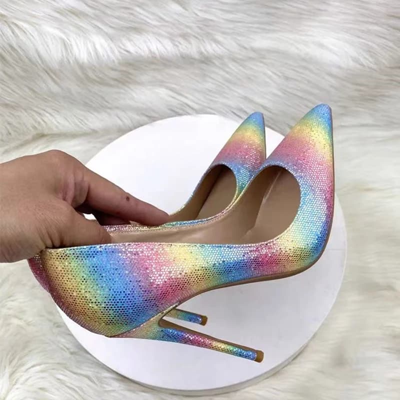 Mixed Color Shallow Slip On Pumps Pointed Toe Thin High Heel Fashion Sexy 2025 Summer Big Size Woman Shoes Zapatillas Mujer