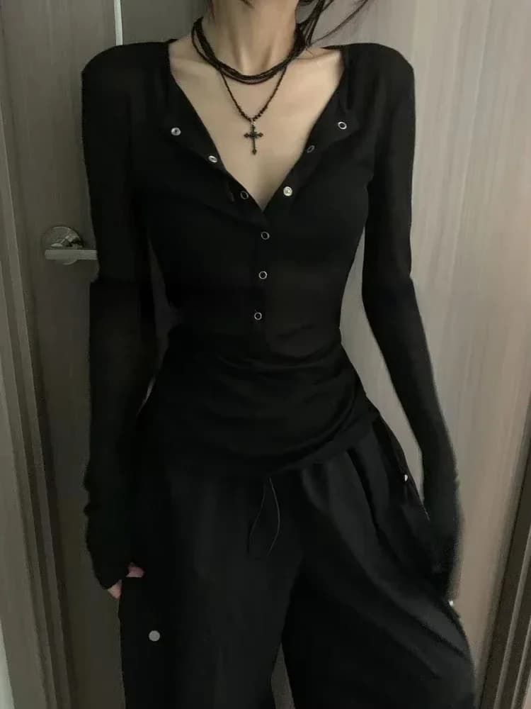 Y2k Slim Fit Long Sleeve Tee Shirt Early Autumn New All-match T-shirt for Women Simple V-neck Single Breasted Tops Mujer Blouse