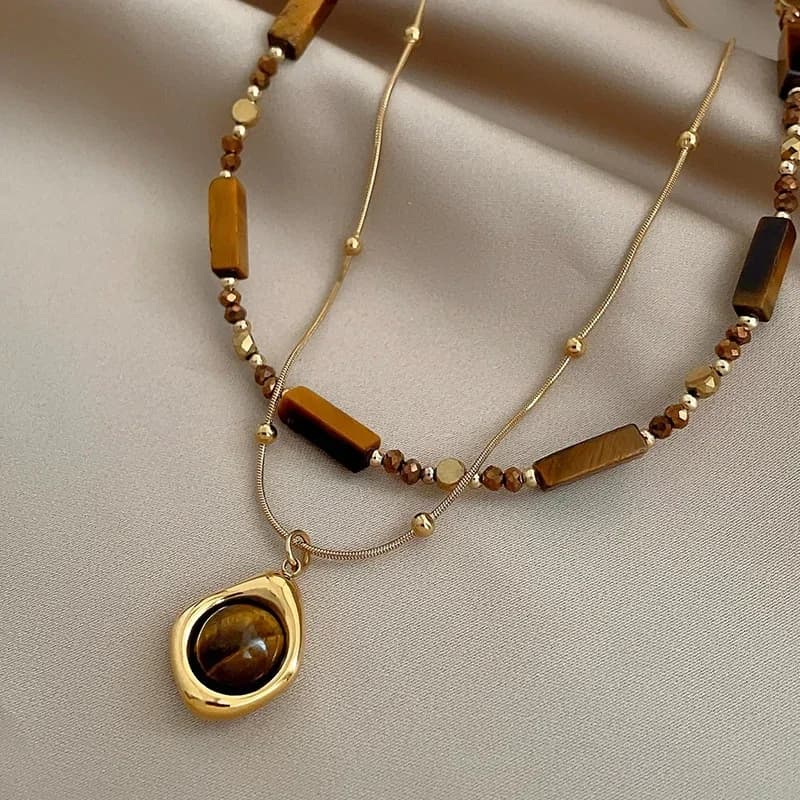 Retro Temperament Layered Tiger Eye Stone Pendant Necklace For Women Stainless steel Double-Layer Collarbone Chain Sets Jewelry