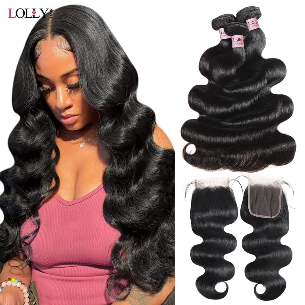 LOLLY Body Wave Bundles With Closure Brazilian Hair Weave 3/4 Bundles With Closure Natural Human Hair Bundles With Closure