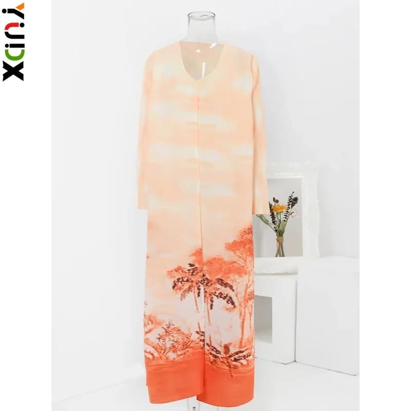 YUDX Miyake Contrast Color Print Pleated Long Dress Women Round Neck Single Breasted Loose Dresses Fashion 2024 Spring New