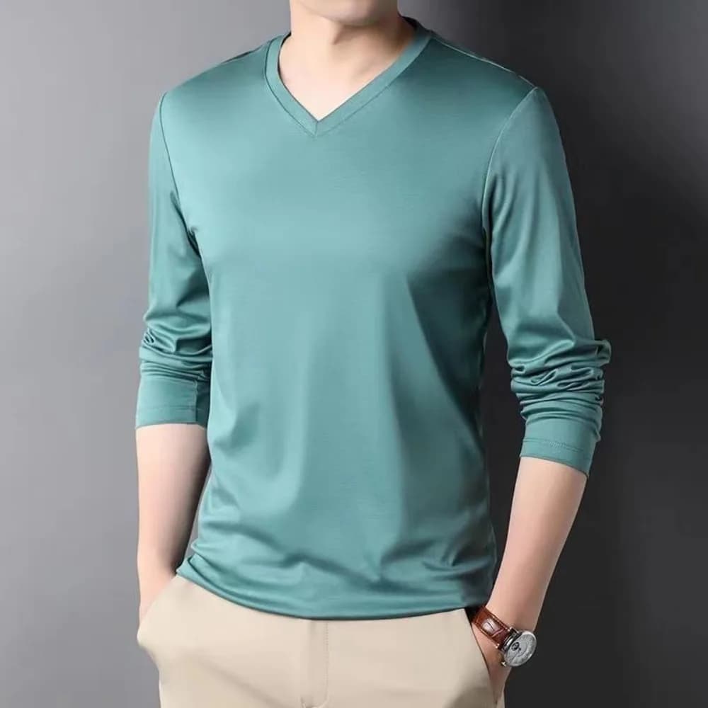 Fashion Luxury Men's Clothing Stylish V-Neck Men's Long Sleeve Casual Base Layer Tee T-Shirt Spring Autumn Tees Plus Size Tops