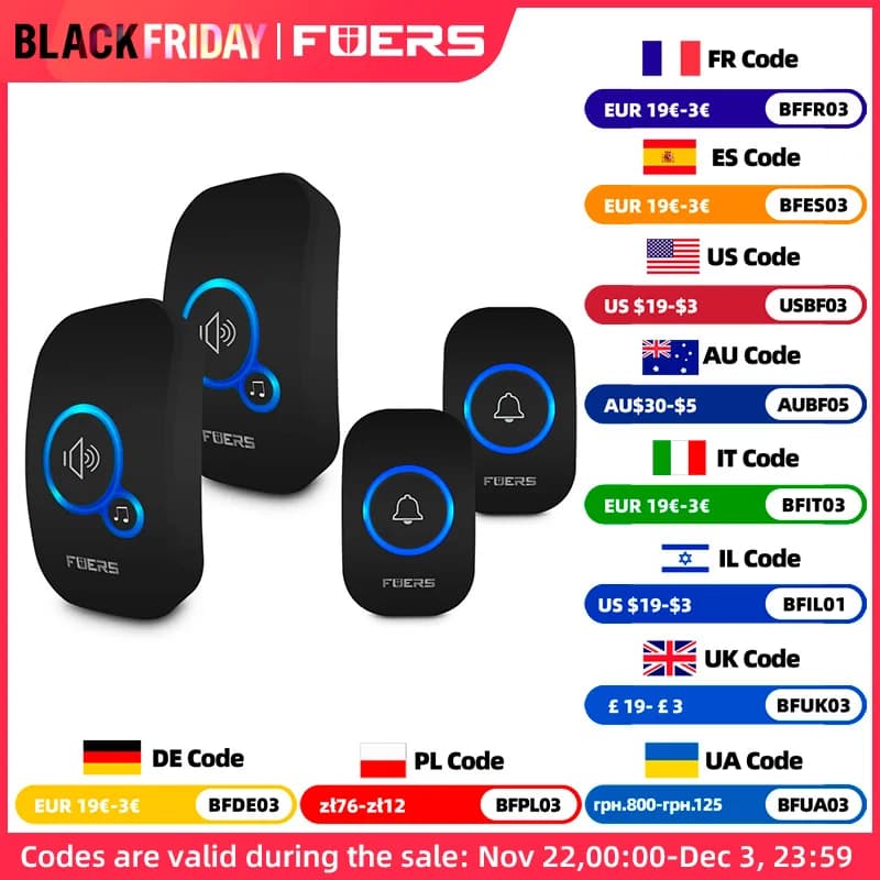 Fuers Wireless Doorbell 1000ft Range Loud Enough With 4 Volume Levels Door Welcome Chimes LED Flashing 2 Receivers & 2 Buttons