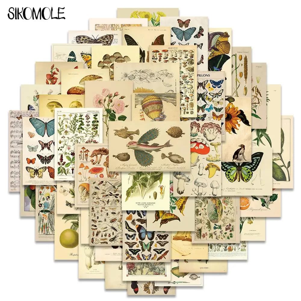 10/30/50PCS Retro Plant Insect Flower Art Stickers Mushroom Animals DIY Kids Laptop Skateboard Suitcase Decals Graffiti Sticker