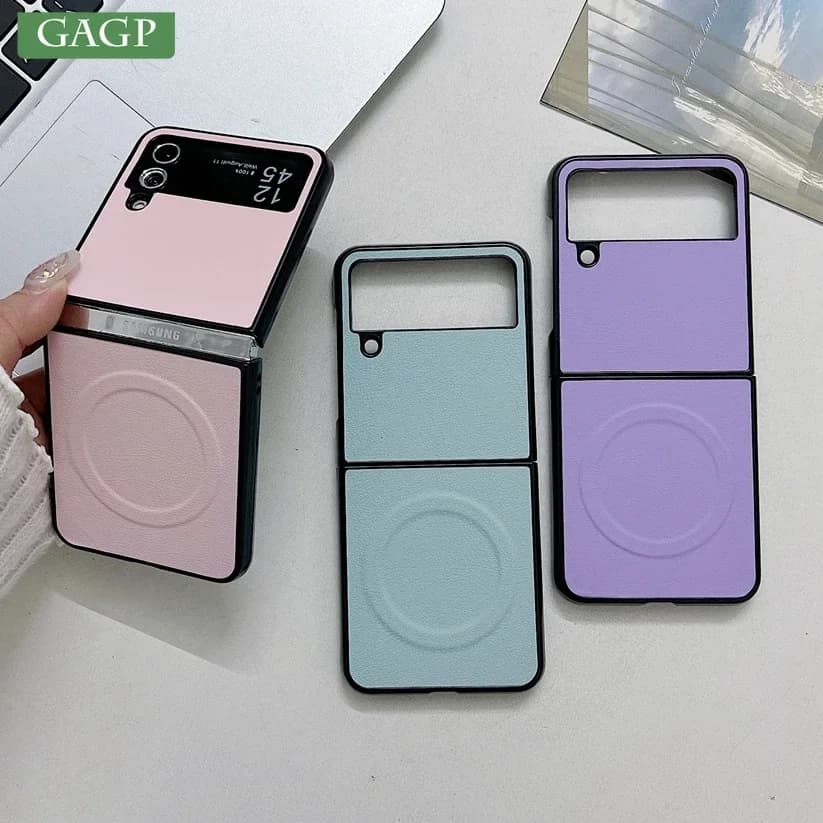 Business PU Leather Magsafe Case for Samsung Galaxy Z Flip 3 4 5 6 7 PC Shockproof Magnetic Wireless Charging Z Flip 6 7 Cover