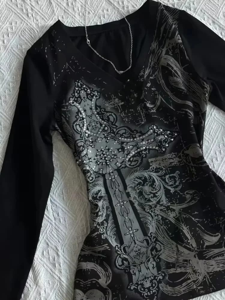 Y2k Aesthetic Flower Printing Women Grunge T-shirts Vintage Slim Harajuku Causal Black Tshirts 2025 Summer Bottoming Crop Tops