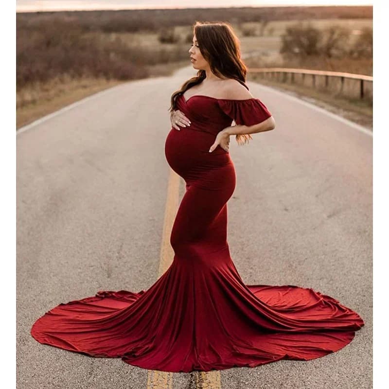 New Summer Women's Fashion Temperament Pregnant Women Cotton Ruffle Sleeve Cross V-Neck Solid Color Photography Trailer Dress