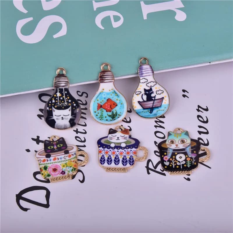 10pcs/pack Light Bulb Cat Cup  Enamel Charms Jewelry Earring Bracelets DIY Pendant Jewelry Making Golden color