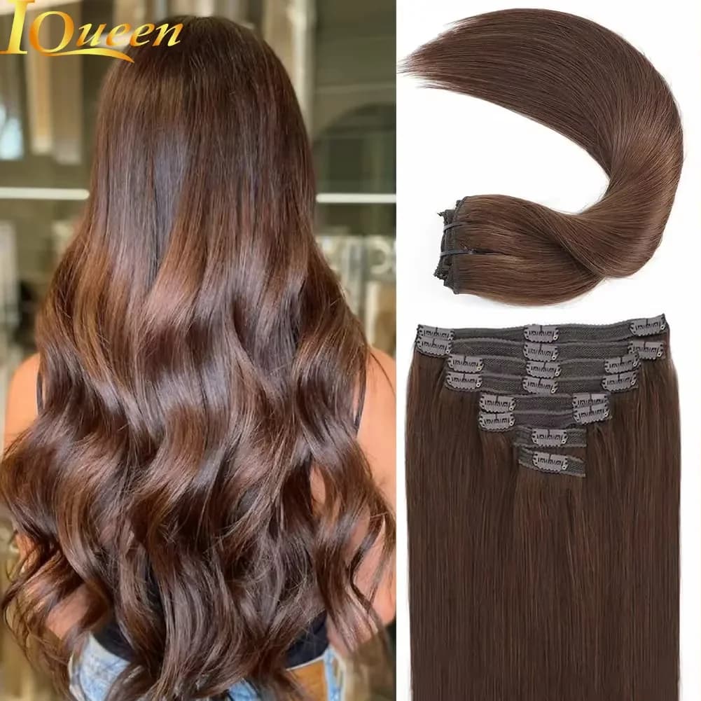 Clip In Hair Extensions Real Human Hair Color #4 Chocolate Brown Clip In Hair Extensions 8pcs Hair Natural Black Color 24 Inches