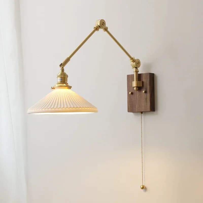 Ceramic Wall Lamp Walnut Wood Bedside Nordic Bedroom Desk Silent Wind Lamp Brass Long Swing Arm Adjustable Wall Lamp