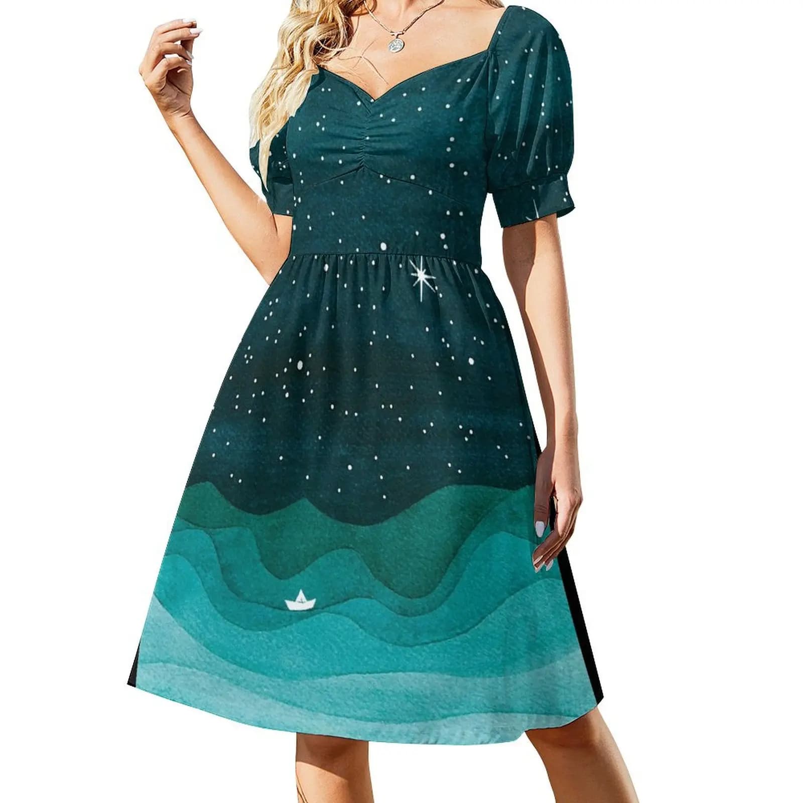 Starry Ocean, teal sailboat watercolor sea waves night Short Sleeved Dress womens dress Summer women's clothing Dress