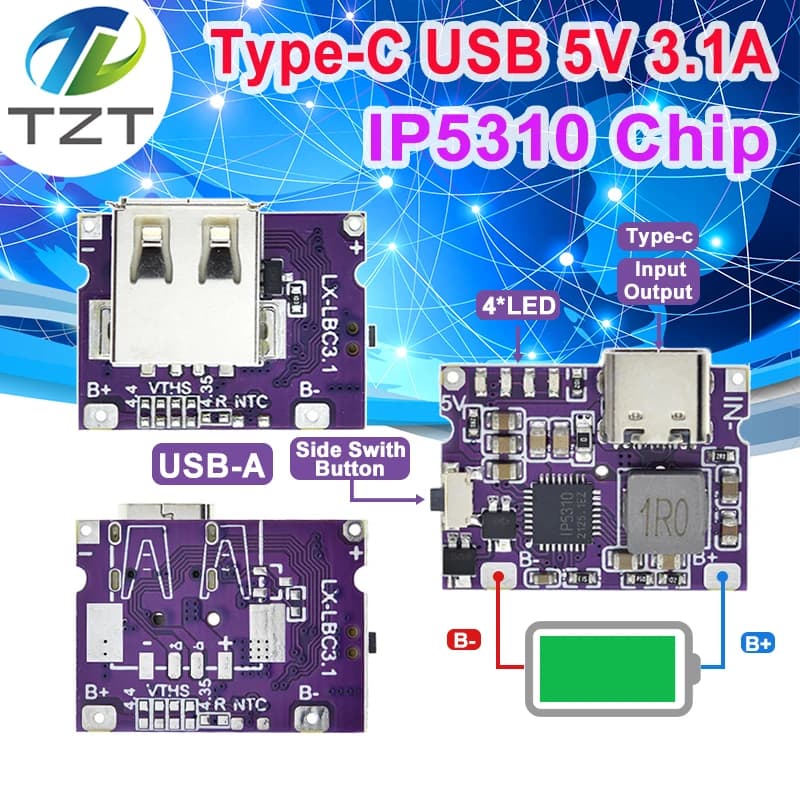 Type-C USB 5V 3.1A Boost Converter Step-Up Power Module IP5310 Mobile Power Bank Accessories With Switch LED Indicator