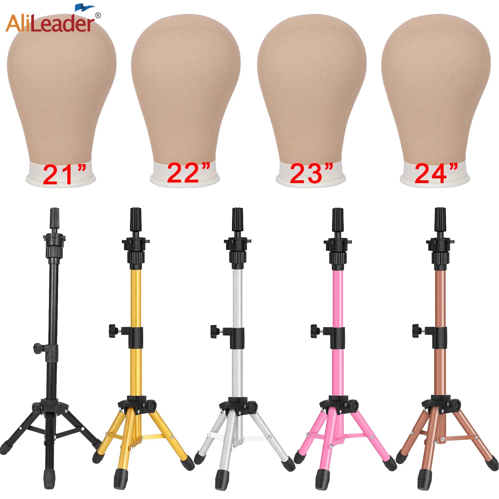 64cm Metal Wig Tripod Stand for Hold Mannequin Head Gold Pink Gray Black Brown Wig Head Stand Wig Installation Kit Set