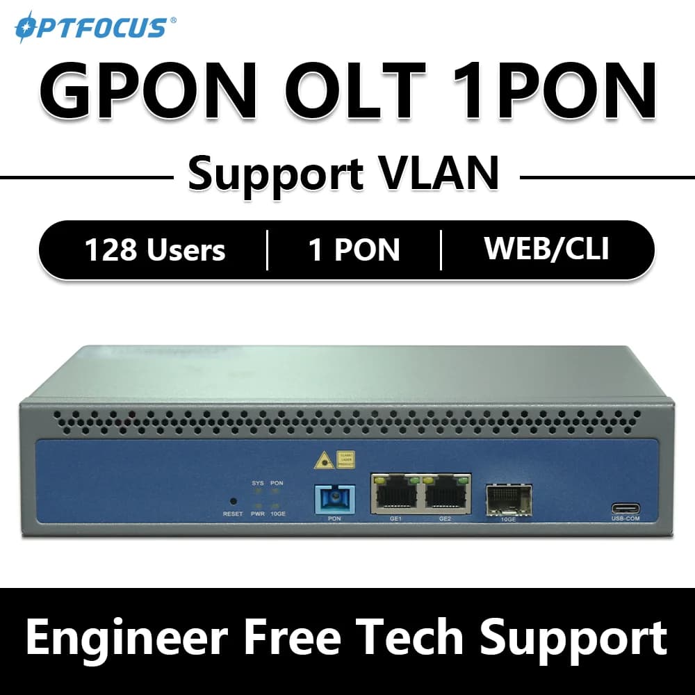 OPTFOCUS GPON OLT 1PON 128 ONU 10G Uplink C+ GBIC SFP 100-240V AC 12V DC Power MINI GPON OLT 1 Port