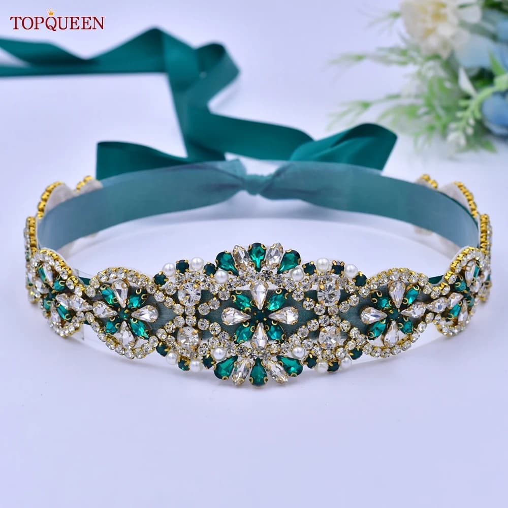 TOPQUEEN S161-KL Rhinestones Golden Belt for Women Party Dress Moroccan Caftan Female Luxury Sash Bride Wedding Green Diamonds