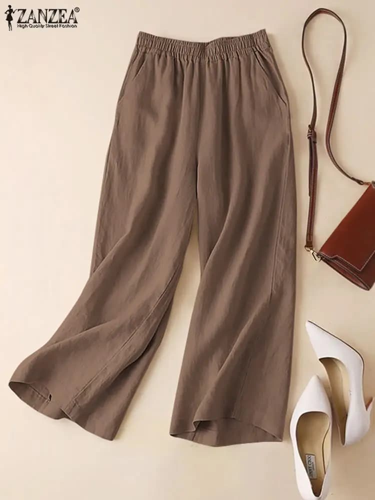 ZANZEA Summer Women Pants Cotton Linen Elastic Waist Wide-Leg Trousers Casual Lightweight Solid Palazzo Pantalones de Mujer 2025
