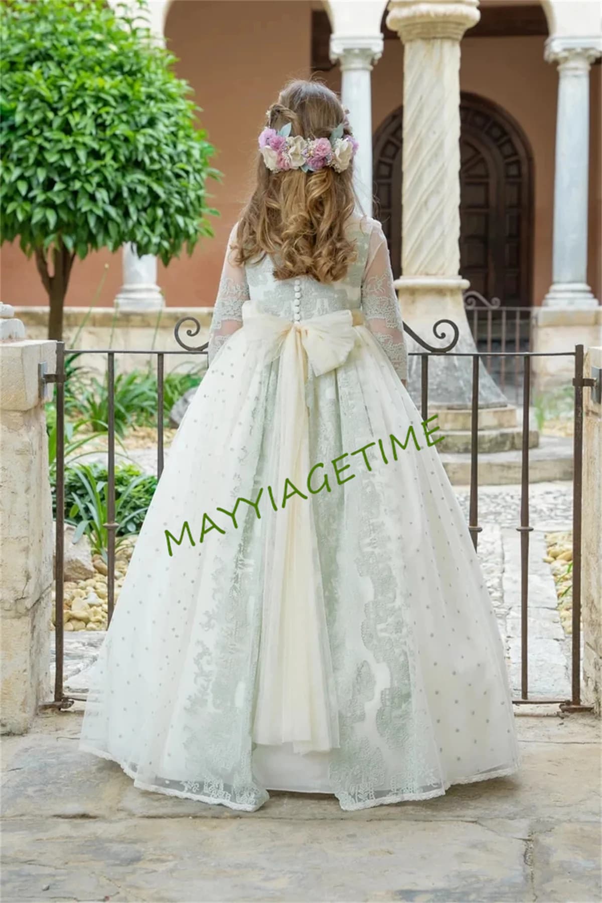 Tulle Embroidered with Moles and Aquamarine Green Communion Dress Floral Details in the Middle Ribbon Tulle Belt