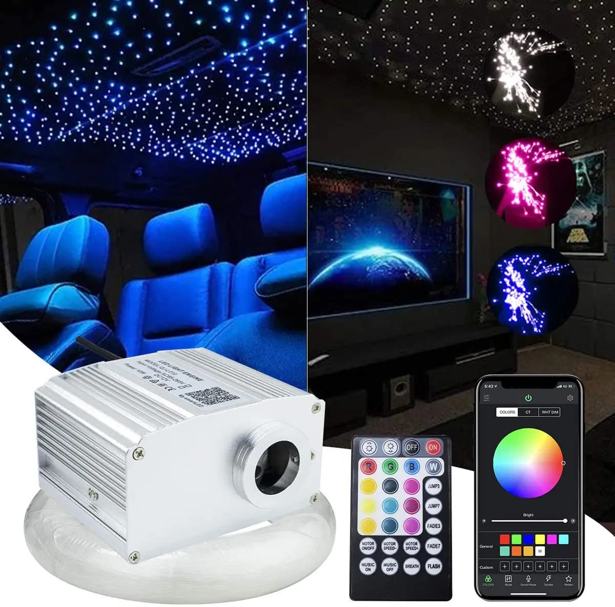 10W Twinkle Fiber Optic Star Ceiling Lights Kit RGBW Car Roof Star Light Bluetooth app Music Control Car Starry Sky Ceiling Lamp
