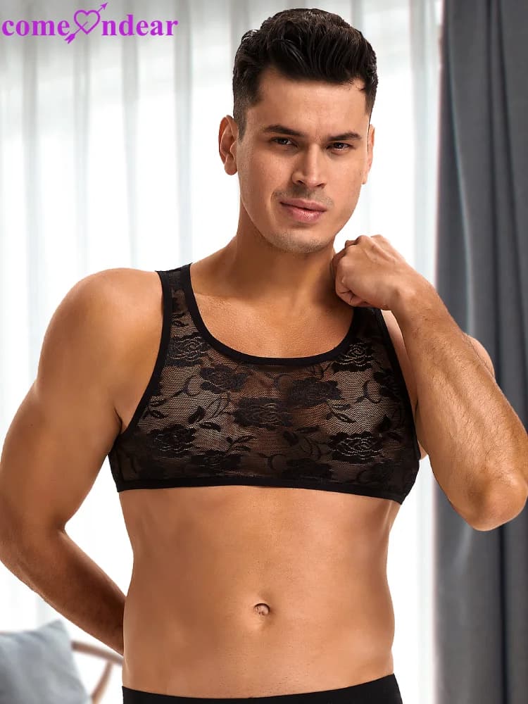 Comeondear Lace Sleeveless Top Sheer Lingerie Men's Sexy Floral Undershirts Plus Size Sissy Vest Black Intimate Mesh Waistcoats