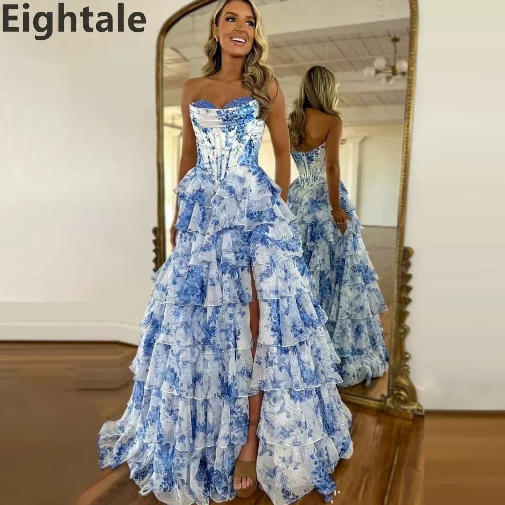 Eightale 2025 Floral Printed A Line Chiffon Evening Dress Sweetheart Bone Corset Prom Party Dress Formal Gowns Customized