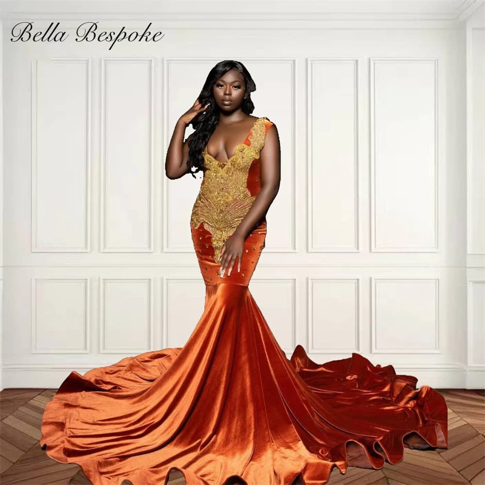 Orange V N Velvet Long Prom Dresses For Black Girl Bead Crystal Rhinestone 2025 Birthday Luxury Dress Evening Dresses Customized
