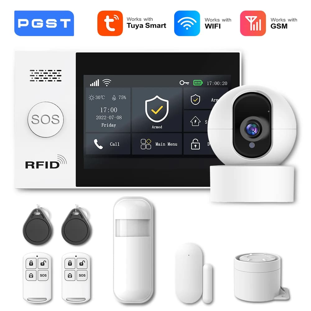 PGST 2G GSM Tuya Wireless Home WIFI Home Security With Motion Detector Sensor Burglar Alarm System APP Control Support Alexa