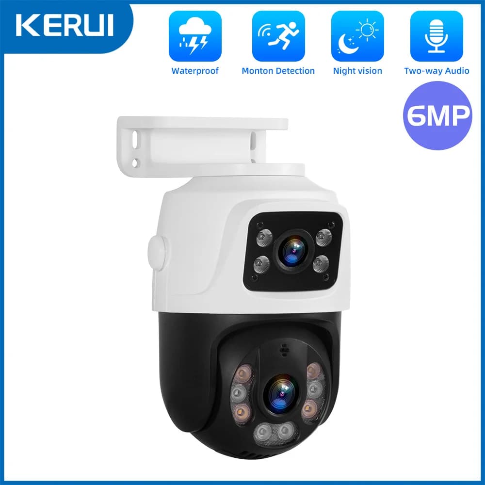 KERUI Outdoor Dual Lens PTZ 6MP POE IP Camera Home Security Camera Video CCTV Surveillance Onvif iCSEE Camera Dual-Screen