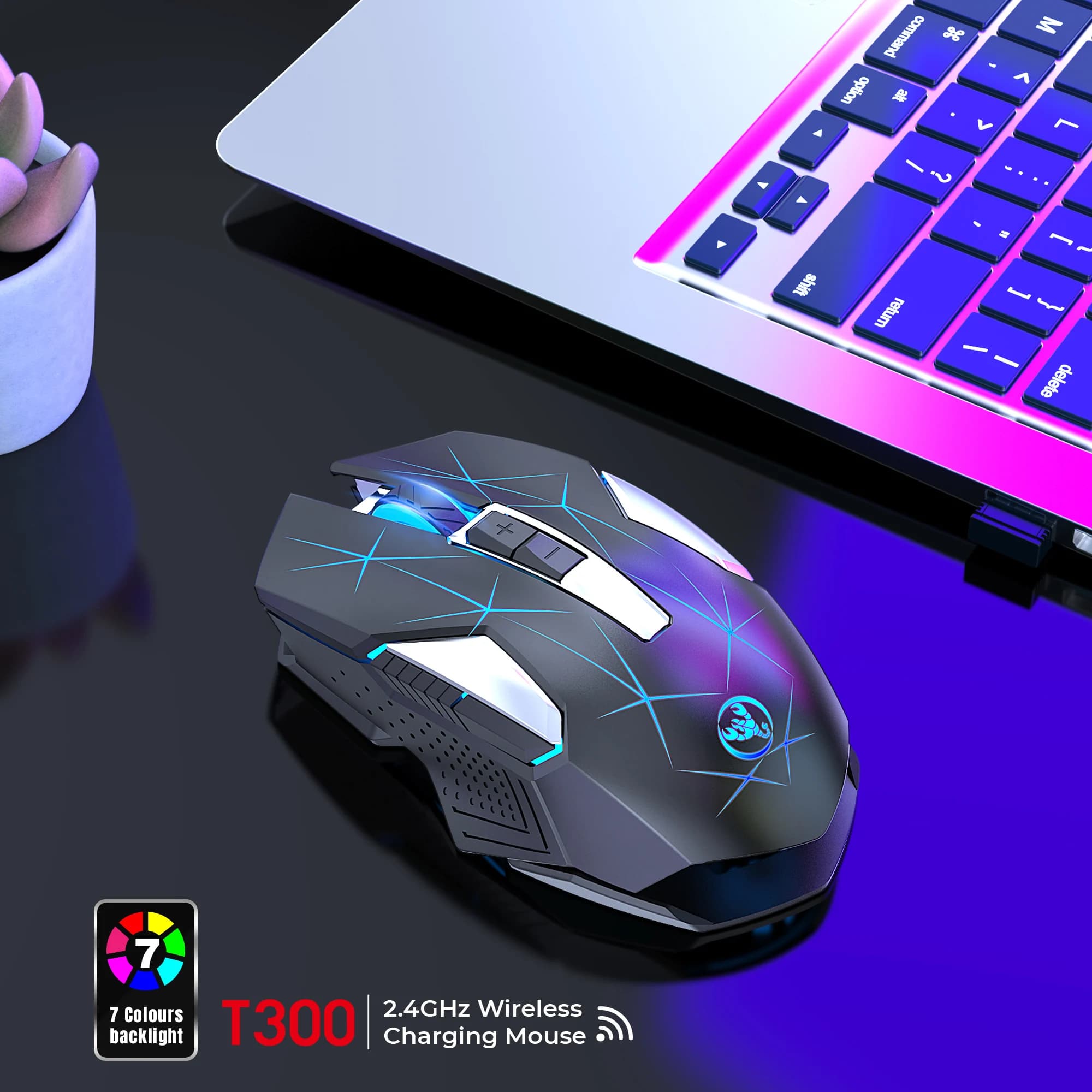 Hot selling HXSJ T300 2.4G Wireless Gaming Mouse 600mAh Rechargeable Colorful RGB Computer Laptop 7D optical mouse for laptop