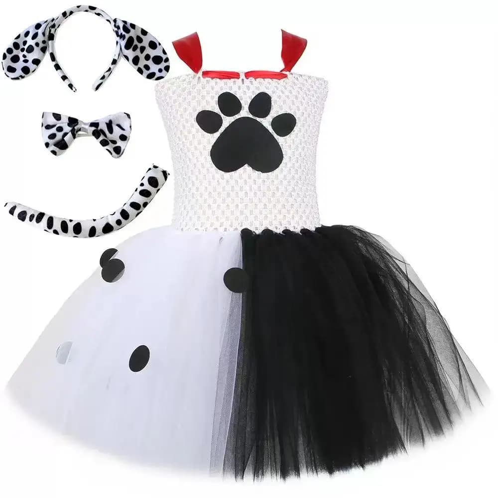 Dalmatian Dog Tutu Dress White Black Spotted Animal Halloween Costume Puppy Dressing Outfit