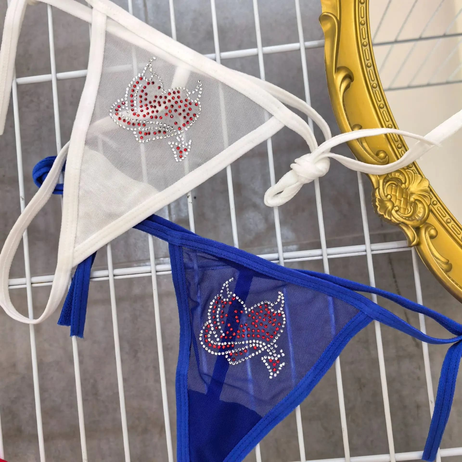 Rhinestone Patterned Mesh Sexy Thongs Simple Lace Up Transparent Underpants For Women Temptation Hollow Out Thin Briefs Lingerie