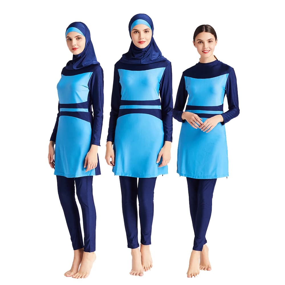 Muslim Women's Long Sleeve Burkini Swimsuit, Beach Wear, Light Blue Patchwork, Diving Suit, Swimwear, New, S-6XL, 3Pcs