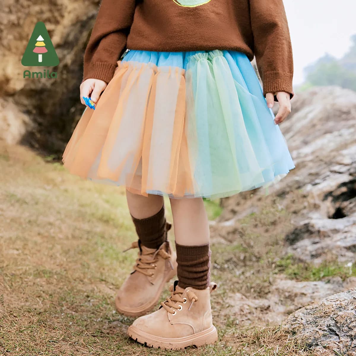 Amila Baby Skirt 2024 Autumn New Girls High Quality Asymmetric Splicing Contrasting Mesh Fluffy Multi-Color Children’S Clothing