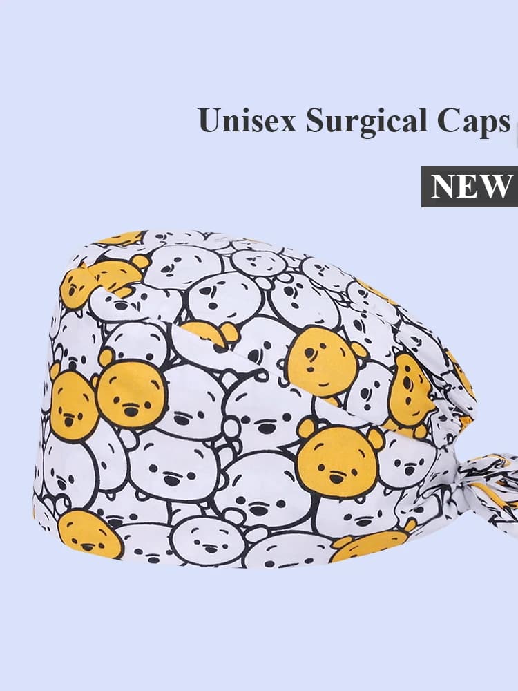 Bear Surgeon Print Medical Scrub Cap Nurse Surgical Hat 100% Cotton Tieback Straps Hospital Veterinary Doctor Dentist Skullcap