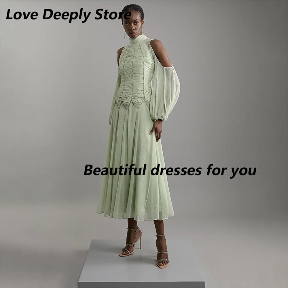 Customized Elegant High Neck Evening Dresses Simple Chiffon Pleat A-line Cocktail Dresses Crystal Beads Midi Party Dress