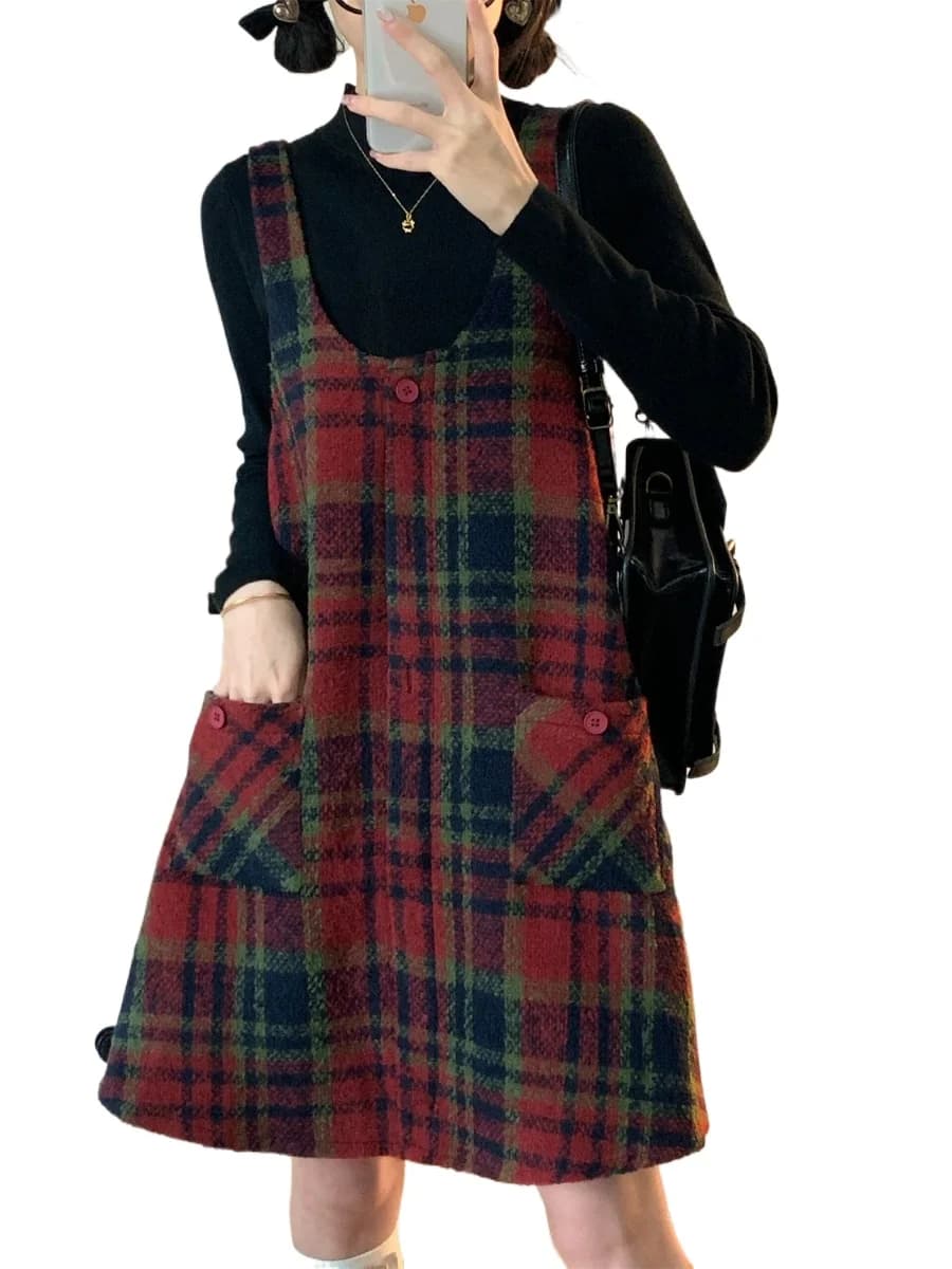 Korean College Style Retro Plaid Woolen Strap Dress Female Student + Turtleneck Inner Top Two Pieces/set
