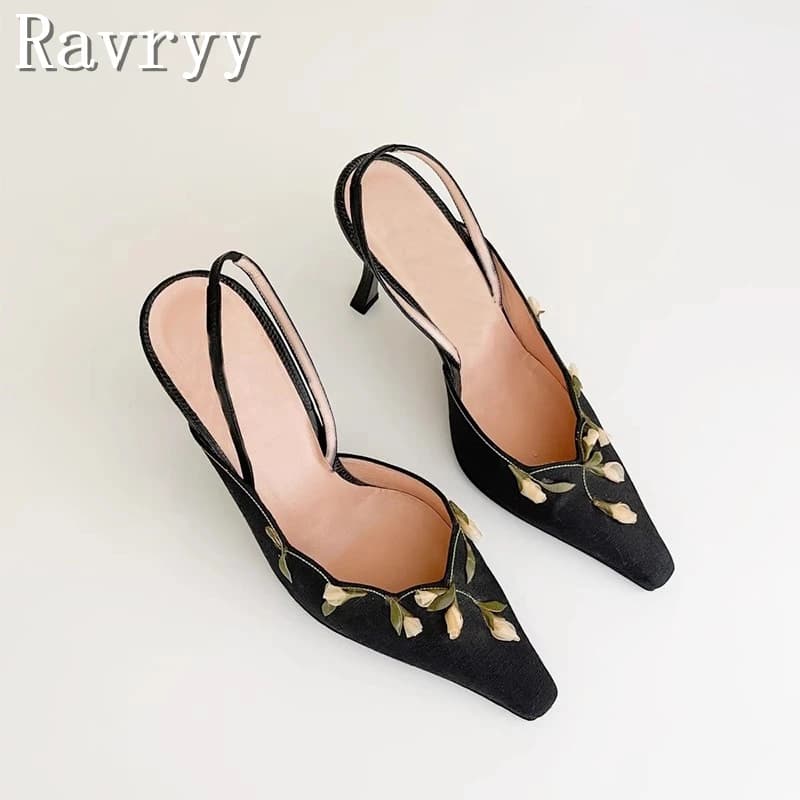 Vintage Flower High Heels Single Shoes Women Pointed Toe Shallow Slingbacks Pumps Elegant Ladies Party Dress Shoes