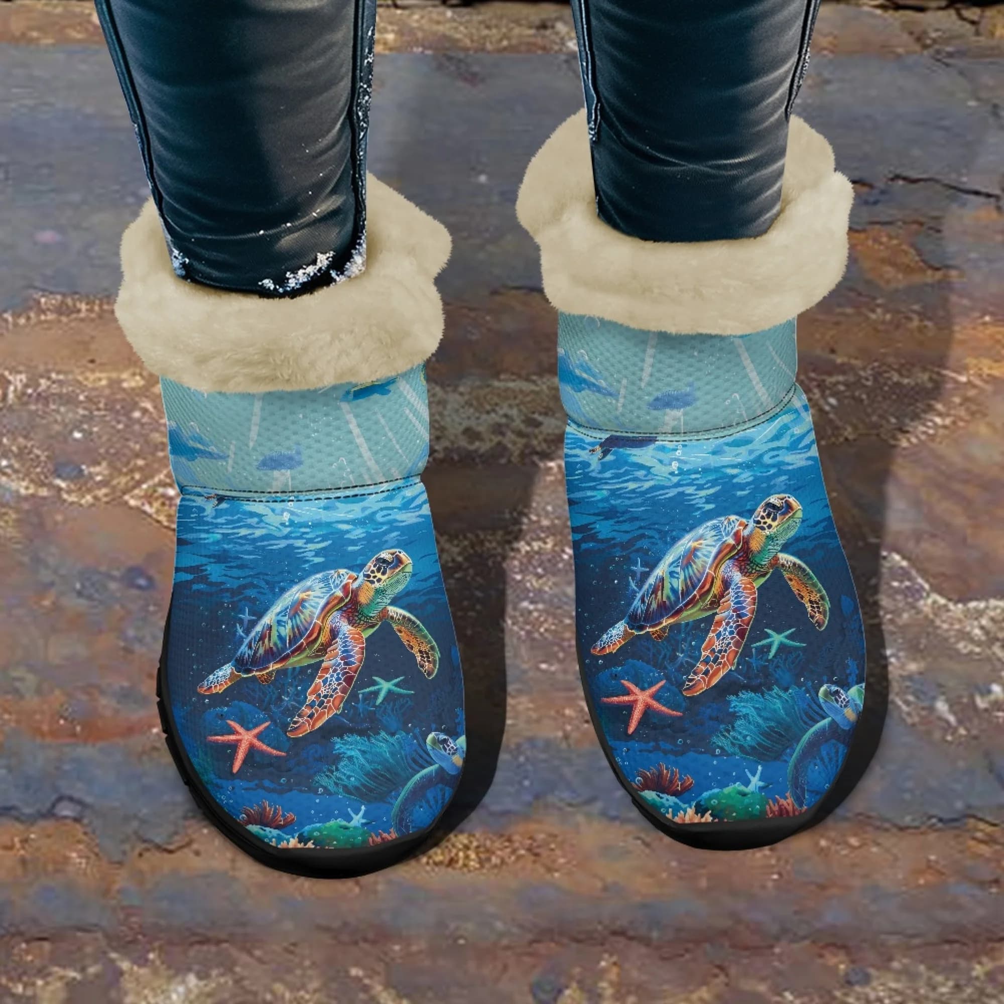 ELVISWORDS Blue Sea Print Turtle Pattern Winter Boots for Women Furry Ankle Boots New Short Plush Lady Comfort Casual Boots