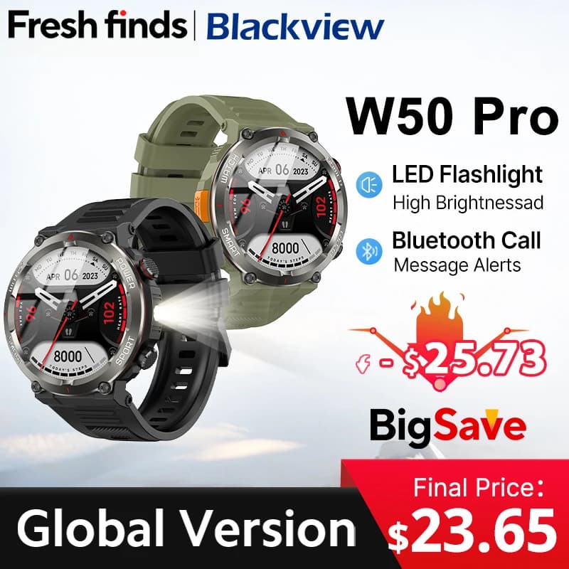 [World Premiere] Blackview W50 Pro Smartwatch 1.45" HD Display Flashlight Bluetooth Phone Call 960mAh Battery Rugged Smartwatch